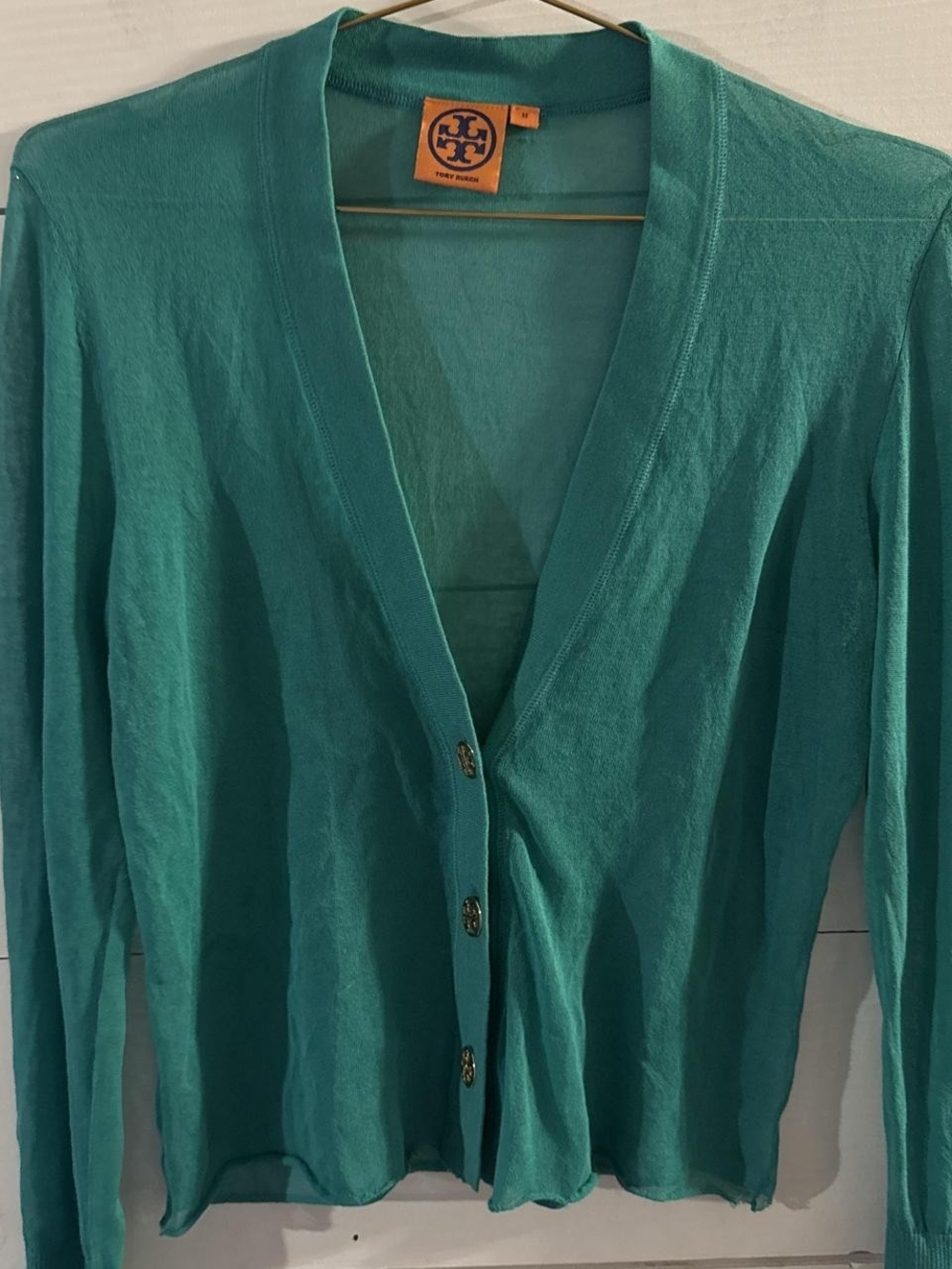 Tory Burch Teal Long-Sleeve V-Neck Button Cardigan